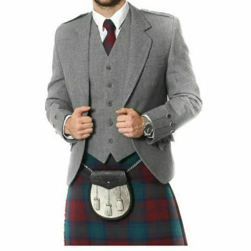 Mix WOOL Argyle kilt Jacket & Waistcoat/Vest, Scottish Argyle Jacket Dark Grey