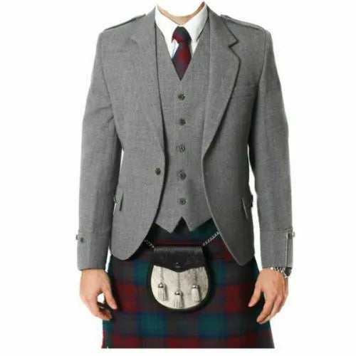 Mix WOOL Argyle kilt Jacket & Waistcoat/Vest, Scottish Argyle Jacket Dark Grey