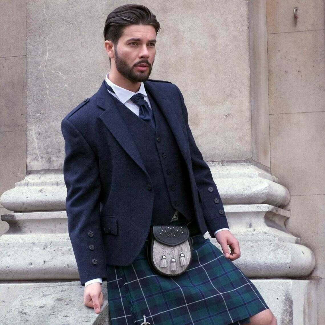 NAVY BLUE WOOL Argyle kilt Jacket & Waistcoat/Vest, Scottish Argyle Jacket