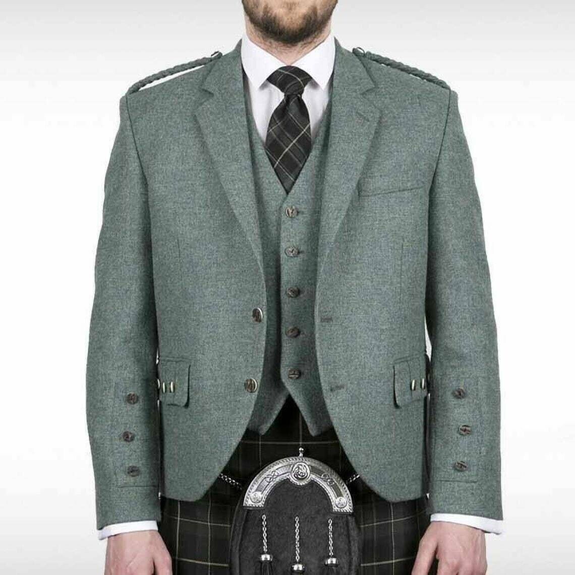 LOVAT GREEN Scottish Argyle Kilt Jacket & Vest Wool Men's Wedding Jacket