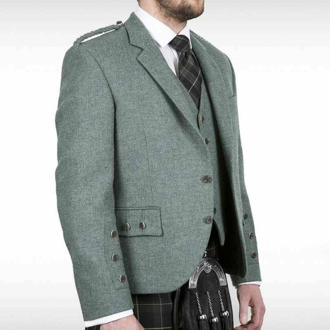 LOVAT GREEN Scottish Argyle Kilt Jacket & Vest Wool Men's Wedding Jacket