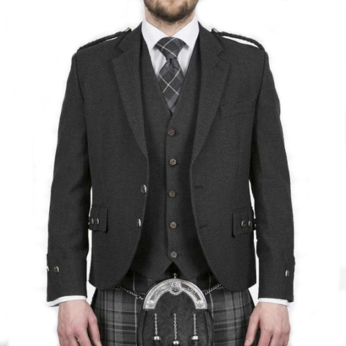 Scottish Argyle Kilt Jacket & Vest Charcoal Grey Pure Wool Men' Wedding Jacket