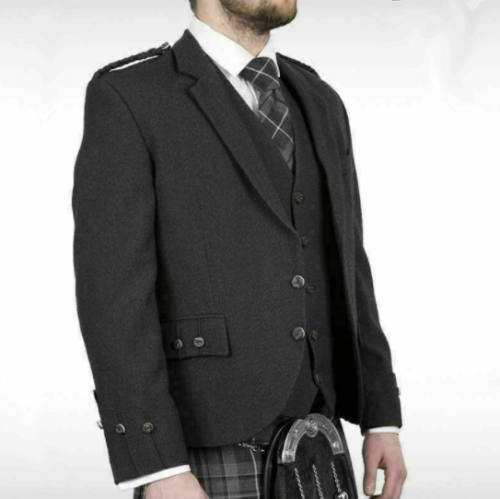 Scottish Argyle Kilt Jacket & Vest Charcoal Grey Pure Wool Men' Wedding Jacket